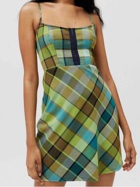 Urban Outfitters Green and Teal Plaid Spaghetti-Strap Mini Dress